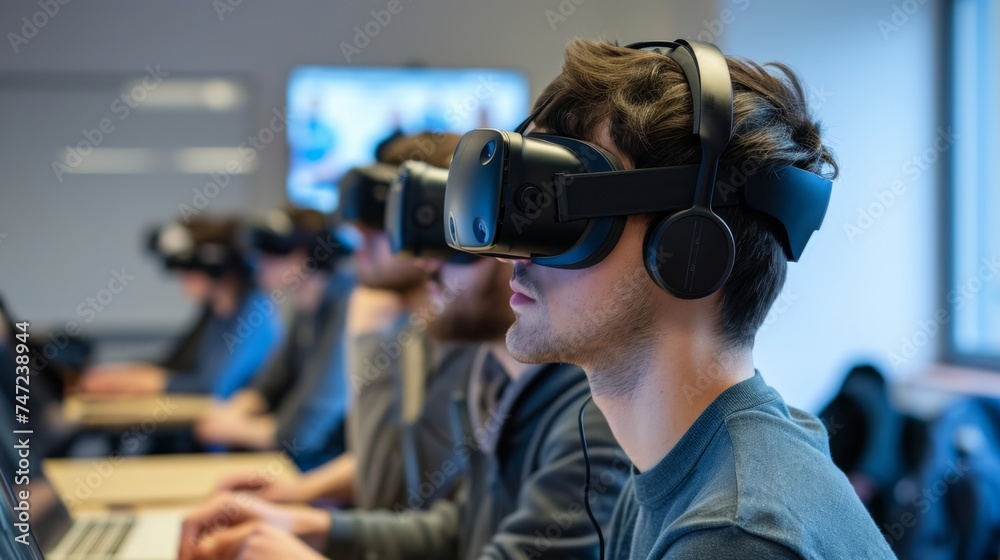 A language teacher in VR glasses leads a session, demonstrating the integration of virtual reality in language instruction and student interaction. A language teacher in VR glasses leads a session, demonstrating the integration of virtual reality in language instruction and student interaction.