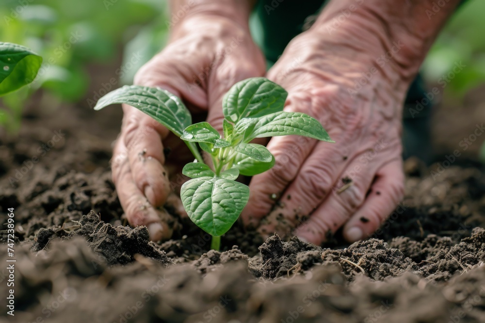 farmer is planting a seedling in a soil, healthy and organic food concept, conscious consumption - obrazy, fototapety, plakaty 