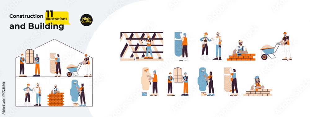 Home construction site line cartoon flat illustration bundle. Contractors hardhats 2D lineart characters isolated on white background. Wallpapering, bricklaying scenes vector color image collection