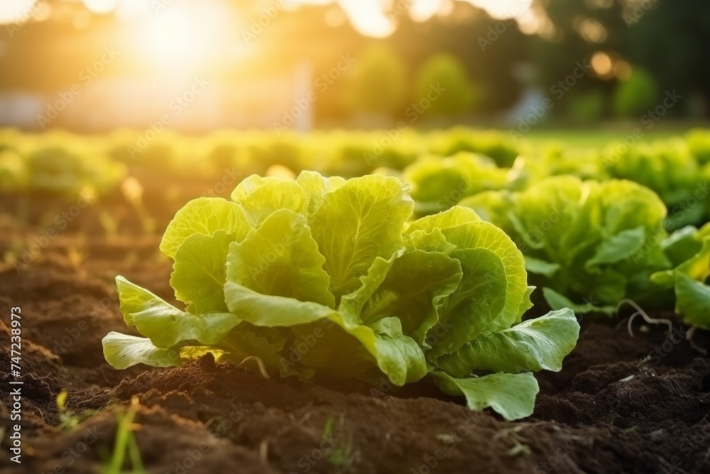 lettuce growing in the field, golden hour, sun is shining, healthy and organic food concept, conscious consumption - obrazy, fototapety, plakaty 