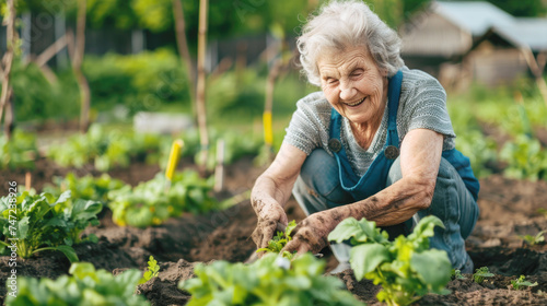 Happy senior woman planting young vegetables in beds