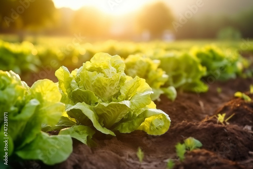 lettuce growing in the field, golden hour, sun is shining, healthy and organic food concept, conscious consumption