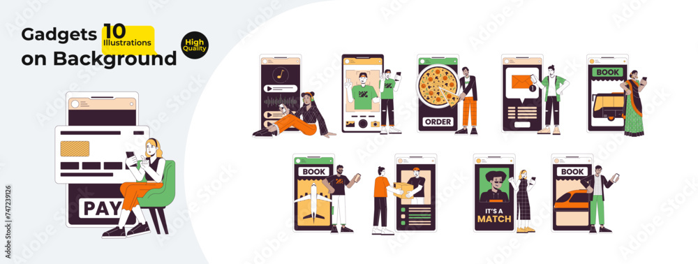 Using mobile apps 2D linear illustration concept bundle. Diverse people on mobile devices cartoon characters isolated on white. Everyday life metaphor abstract flat vector outline graphic collection Using mobile apps 2D linear illustration concept bundle. Diverse people on mobile devices cartoon characters isolated on white. Everyday life metaphor abstract flat vector outline graphic collection