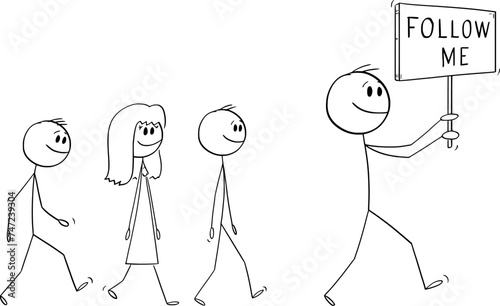 Leader Walking With Follow Me Sign, Vector Cartoon Stick Figure Illustration