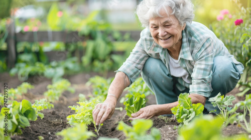 Happy senior woman planting young vegetables in beds