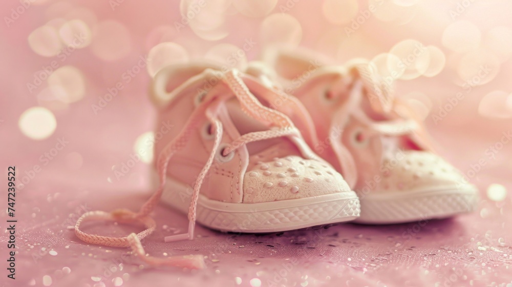 Adorable pastel pink children's sneakers with soft focus and sparkling bokeh lights in the background. Adorable pastel pink children's sneakers with soft focus and sparkling bokeh lights in the background.