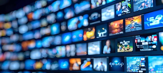 Abstract multimedia background with various channel images, web streaming media tv video technology