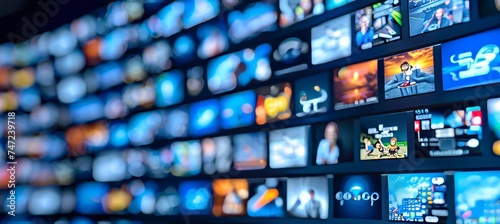 Abstract multimedia background with various channel images, web streaming media tv video technology