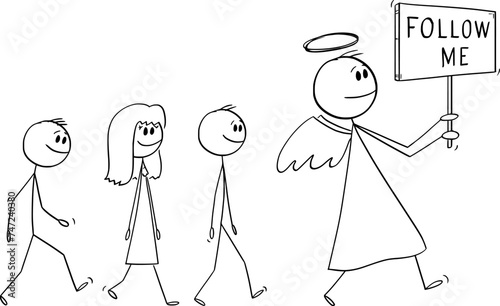 Angel Walking With Follow Me Sign, Vector Cartoon Stick Figure Illustration