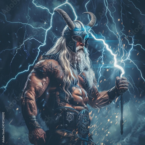Thunder God - A Viking Warrior with Lightning Bolt Tattoo Generative AI photo