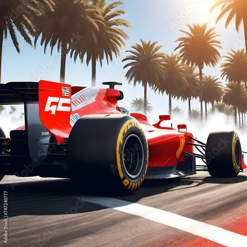 Rear view of a red Formula 1 racing car with large rear wing and Pirelli tires, emitting smoke on a sunlit track with palm trees in the background, extremely detailed vector, creative, digital art