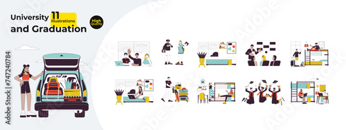 University student college life line cartoon flat illustration bundle. Young adults 2D lineart characters isolated on white background. Graduation, dorm room scenes vector color image collection