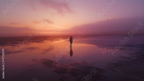  Illustration desolate beach scene at sunset, with soft, fading light casting long shadows on the sand. A single figure stands at the water's edge, looking out at the sea, silhouetted against the mela photo