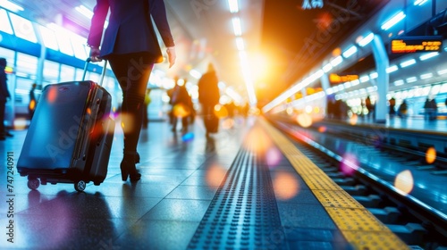 Businesswoman with suitcase at modern transport hub stop, copy space available for text placement