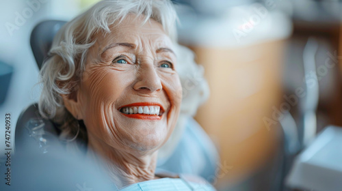 Mirthful senior woman smiling during a dental treatment photo