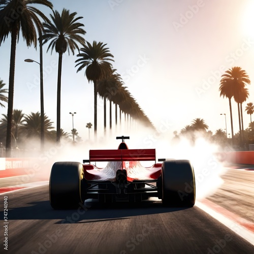 Rear view of a red Formula 1 racing car with large rear wing and Pirelli tires, emitting smoke on a sunlit track with palm trees in the background, extremely detailed vector, creative, digital art photo