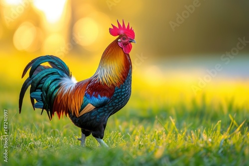 colorful rooster in the grass during the sunrise. generative ai