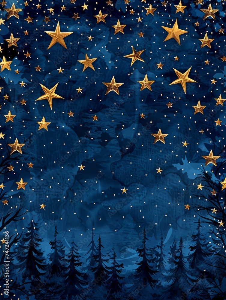 Blue Background With Gold Stars and Trees