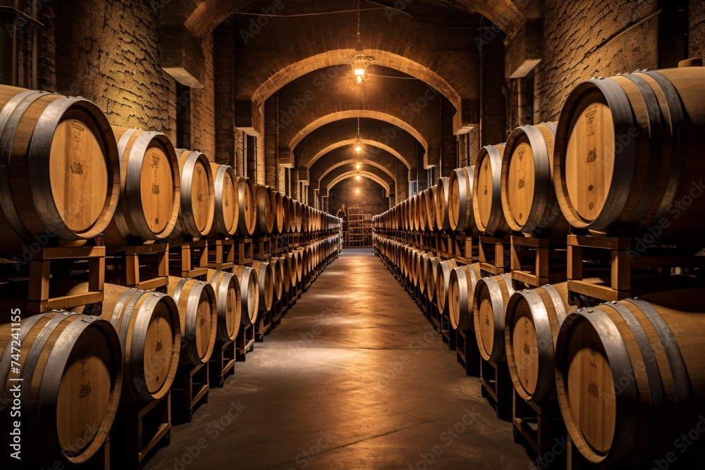 rows of barrels in a cellar