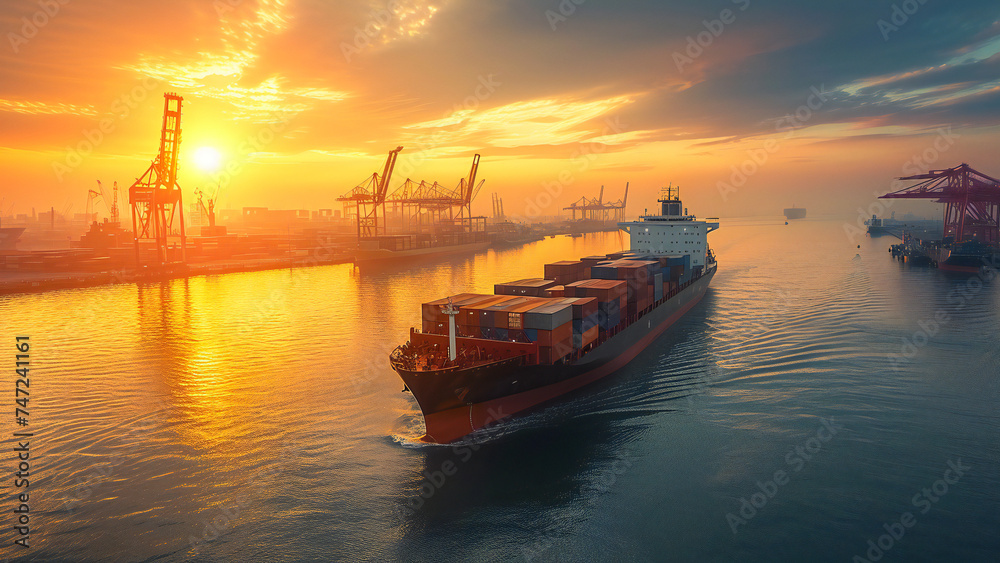 A freight ship leaving harbor after being loaded A freight ship leaving harbor after being loaded