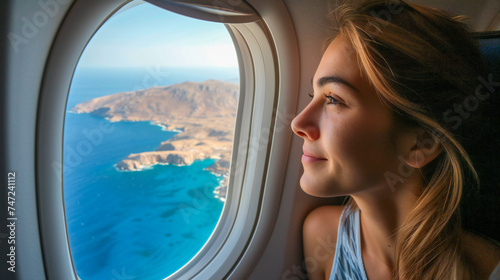 A young woman in airplane and a mediterranean landscape seen through the window photo