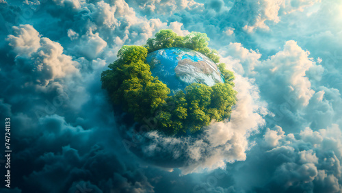 A detailed Earth planet with trees, rocks and blue water on it, surrounded by clouds. Sustainable science concept composition. © Adrian Grosu
