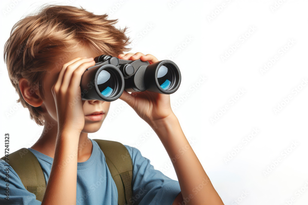 A young boy looks through binoculars to the side isolated on white background. ai generative A young boy looks through binoculars to the side isolated on white background. ai generative