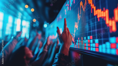 Jubilant crowd triumphantly raises hands against glowing stock market graphs, capturing the energy, optimism, and collective spirit of successful trading and financial achievement © DJSPIDA FOTO