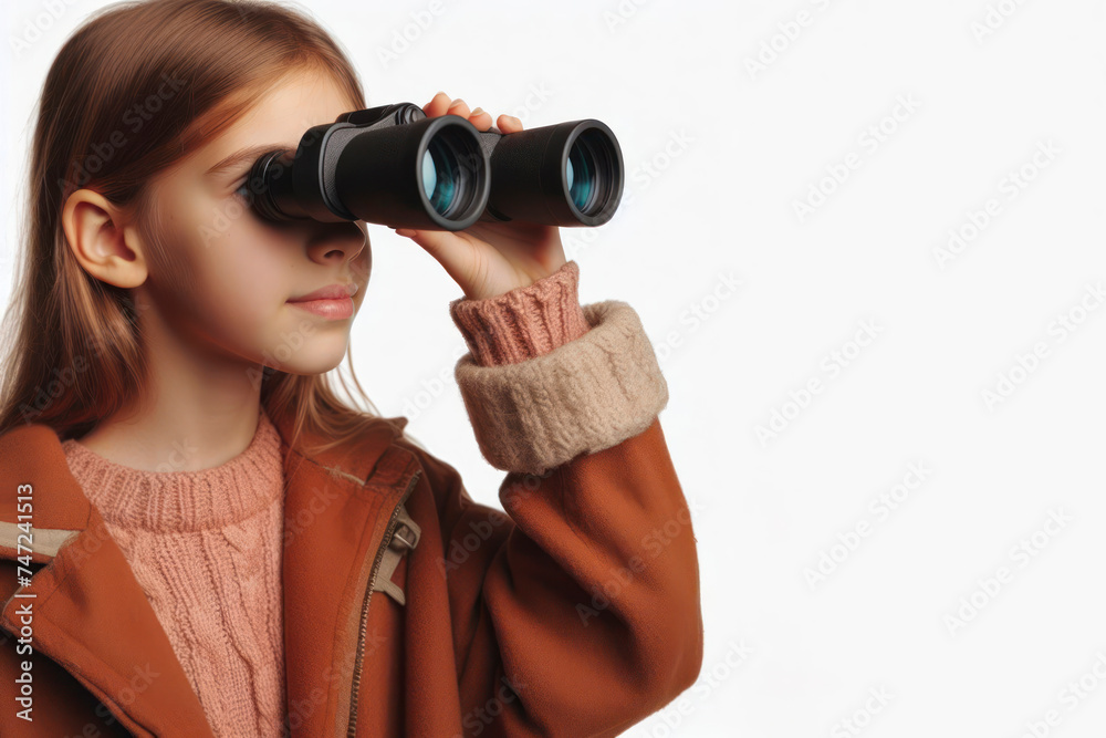 A young girl looks through binoculars to the side isolated on white background. ai generative A young girl looks through binoculars to the side isolated on white background. ai generative