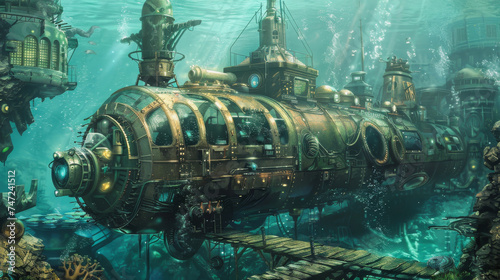 Fantasy steampunk submarine under water © Adrian Grosu