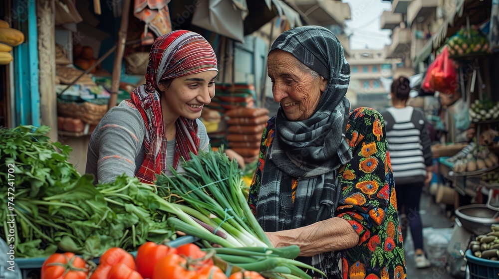 Portrait of two women old and young buying local vegetables at street market Portrait of two women old and young buying local vegetables at street market