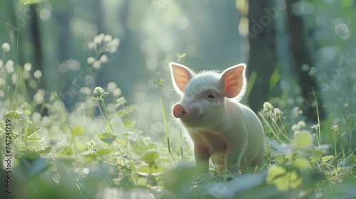 A piglet exploring a forest, representing exploration and nature, ideal for environmental and wildlife themes, suitable for educational and sustainable living content