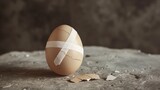 This portrays the idea of healing, with a cracked egg held together by a bandage on a textured surface, ideal for themes of care, recovery, and health