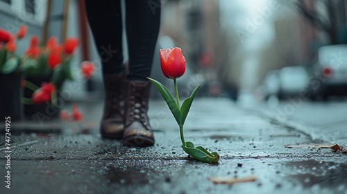 Vivid tulip rising on a city street, with a woman's legs in the background, reflecting the juxtaposition of natural beauty within urban life, perfect for lifestyle and fashion applications photo