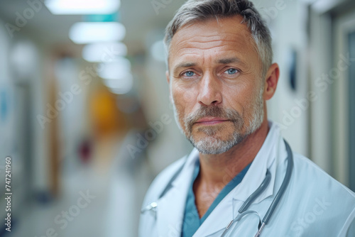 Portrait of mature male doctor wearing white coat standing in hospital corridor