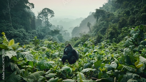 A mountain gorilla sits peacefully in the thick vegetation of the Bwindi Impenetrable Forest, its eyes fixed thoughtfully off in the distance. photo