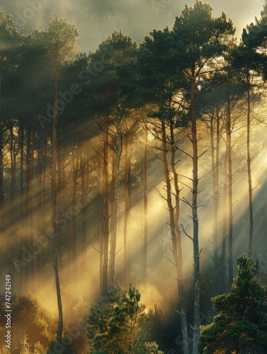 Sunlight Filtered Through a Dense Forest of Trees © hakule