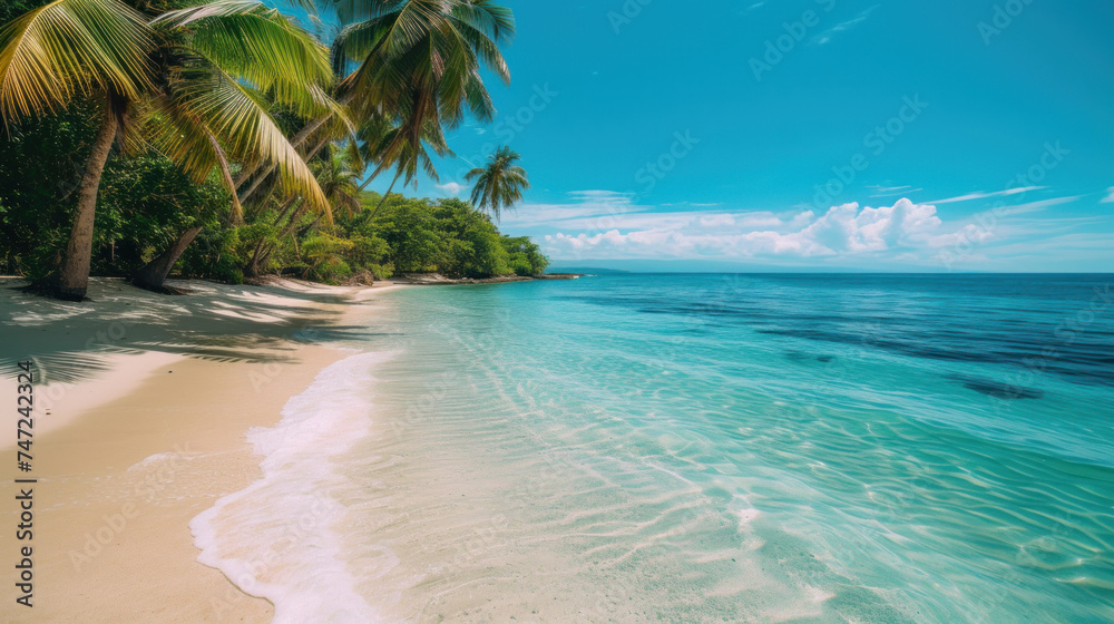 beachscape with crystal-clear waters edging onto soft sands, framed by lush palms and a backdrop of majestic mountains