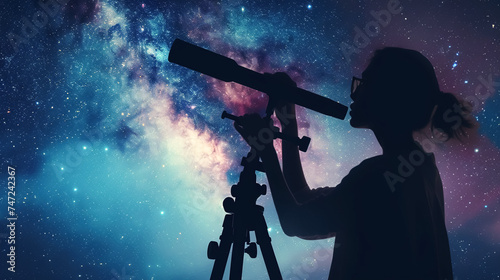 A young woman explores the stars through a telescope, making a journey into Universe, Silhouette of a woman against the background of the cosmic sky © ximich_natali