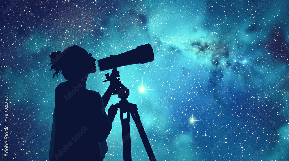 A young woman explores the stars through a telescope, making a journey into Universe, Silhouette of a woman against the background of the cosmic sky