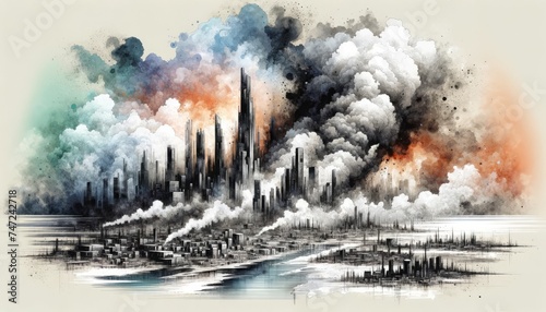Illustration on the theme  futuristic city in smoke  watercolor