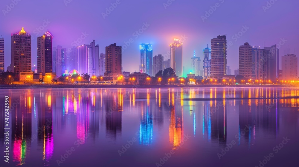 Panoramic urban skyline over the sea at night with shimmering city lights and reflections