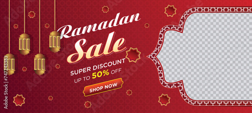 Ramadan Kareem Super Sale Web Banner Background with Blank Space for The Photo. Ramadan Big Sale Promotion Poster and Social Media Post. Elegant Islamic Special Promotion Banner Design Template