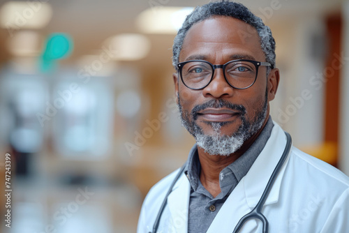 Portrait of mature black male doctor wearing white coat and glasses standing in hospital corridor photo