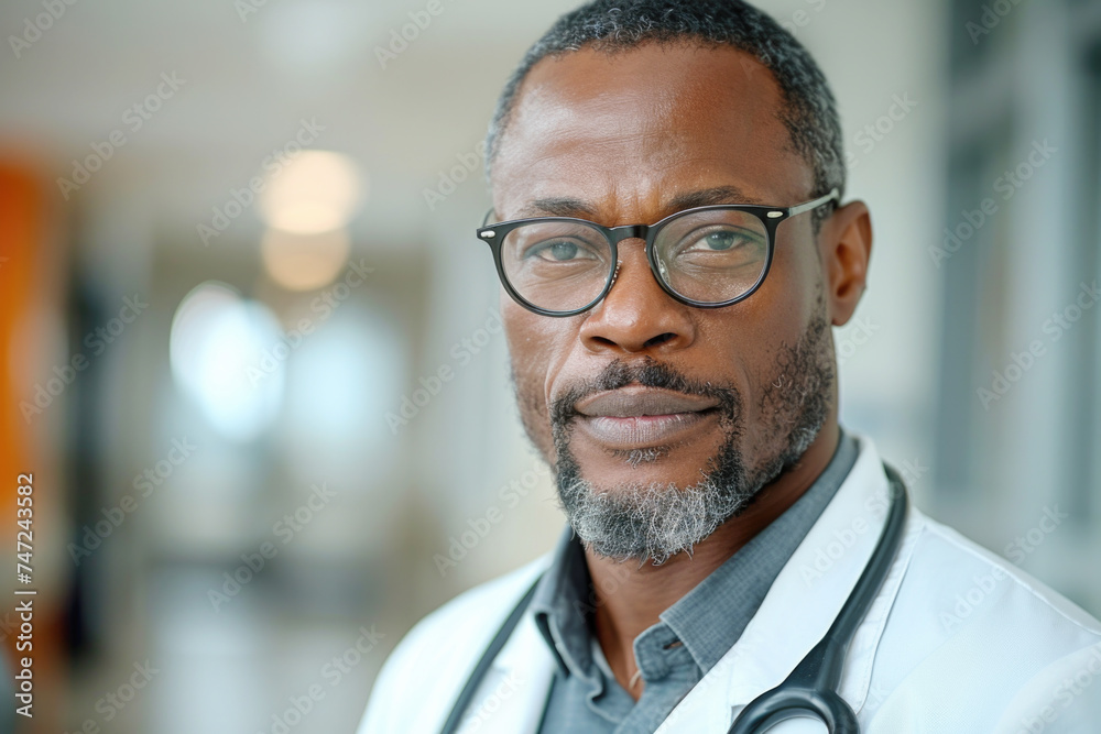 Portrait of mature black male doctor wearing white coat and glasses standing in hospital corridor Portrait of mature black male doctor wearing white coat and glasses standing in hospital corridor