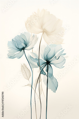 Floral watercolor background. Biege and light turqouise flowers on white background. Minimal line style. Minimal spring and women's day greeting card photo
