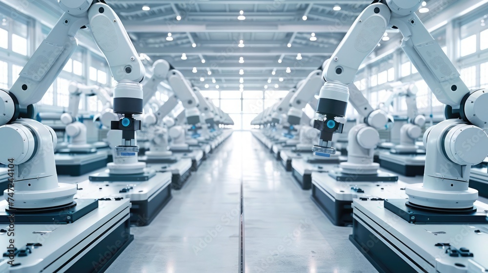 Automation relationships. Sleek robotic arms line up in an automated factory, a testament to manufacturing and technological advancement Automation relationships. Sleek robotic arms line up in an automated factory, a testament to manufacturing and technological advancement