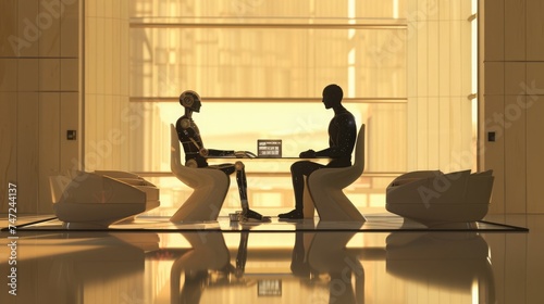 Automation relationships. Futuristic AI meeting with a human in an office at golden hour