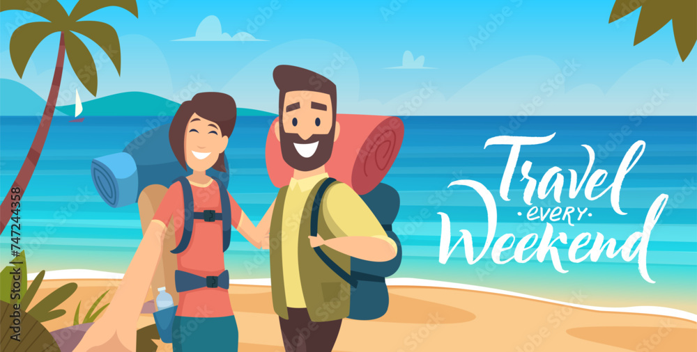 Sea travelers. Male and female characters making selfie on seaside landscape vector banner or placard template