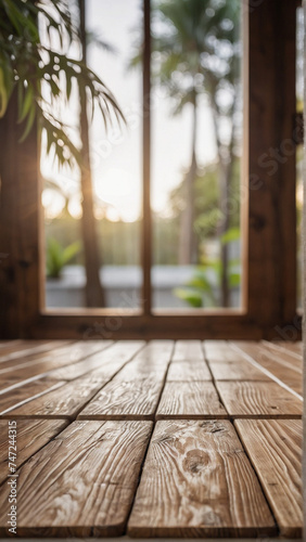 empty wooden rustic table in a home interior with bokeh background of a window overlooking the patio garden on a beautiful sunny day  product display  copy space